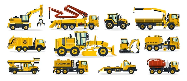 Conjunto de equipos de construcción. Excavadora, tractor, bomba de hormigón, grúa, camión de basura, niveladora, camión de combustible, grúa. Vehículo de servicio. Ilustración vectorial — Vector de stock