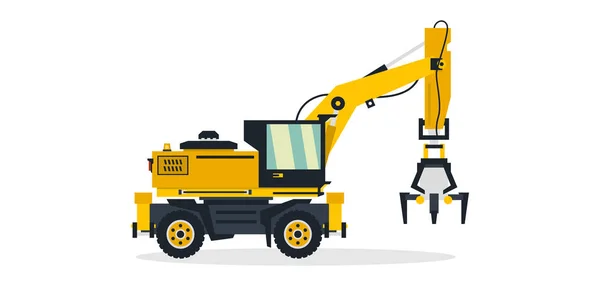 Excavadora, vehículos comerciales, equipo de construcción. Excavadora sobre ruedas trabajando en obras de construcción. Ilustración vectorial — Archivo Imágenes Vectoriales