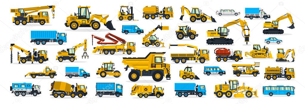 A large set of construction equipment, transportation for the construction site, cargo truck, bus, excavator, crane, tractor. Machines for building services. Shipping by cars. Vector illustration