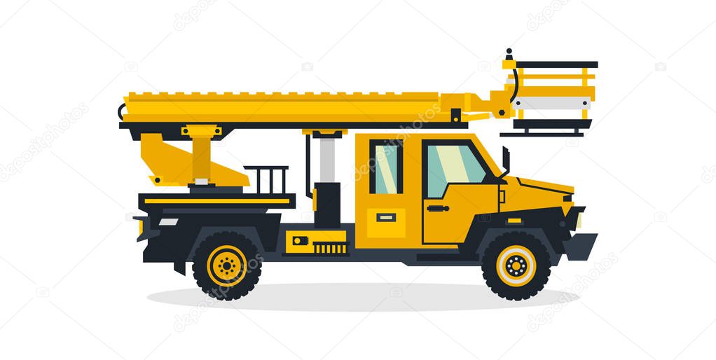 Autotower, commercial transport, construction equipment. Truck with a rising tower. Vector illustration