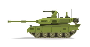 Askeri tank. Ağır ekipman. Zırhlı Kolordu. Bir sürü demir. Savaş topu, Optik İnceleme hafif makineli tüfek, kabukları. İzlenen araçlar. Savaş için donatım. Düşman saldırısı. Vektör çizim.