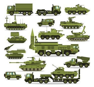 Big set of military equipment. Heavy, reservations and special transport. Equipment for the war. The missile, tanks, trucks, armored vehicles, artillery pieces. Vector illustration clipart
