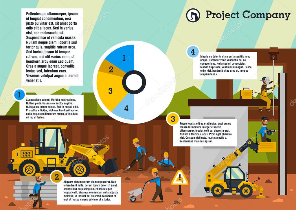 Construction site. The construction of the building. Isolated elements. Builders are doing their job. Front loaders and telehandlers. Template for text. Infographics