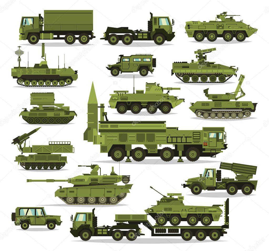 Big set of military equipment. Heavy, reservations and special transport. Equipment for the war. The missile, tanks, trucks, armored vehicles, artillery pieces. Vector illustration