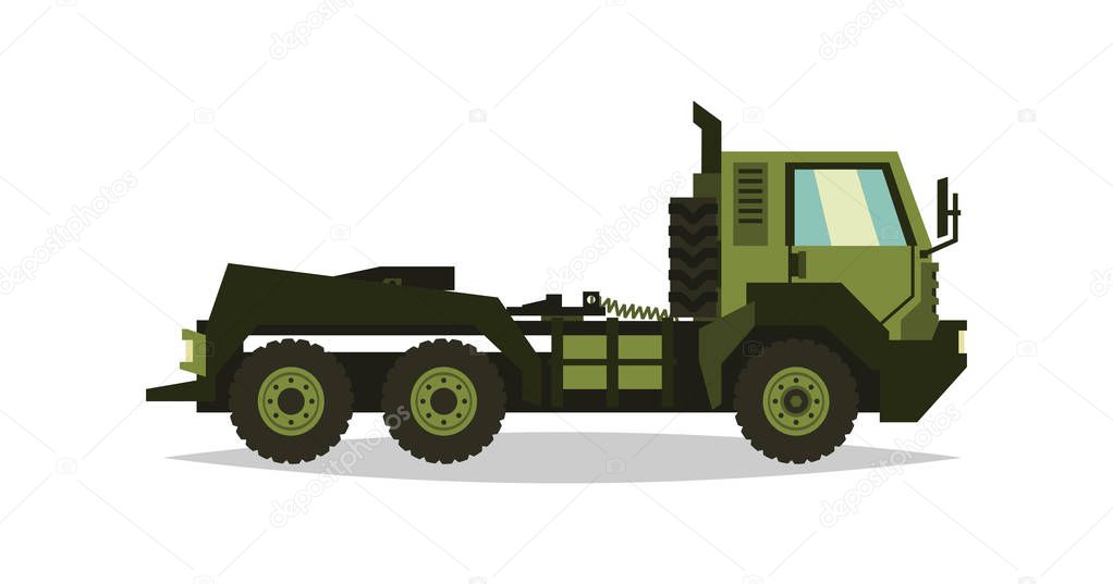 Military truck. The car involved in the fighting. Transportation of heavy machinery. Special equipment. Diesel. Vector illustration. flat style.