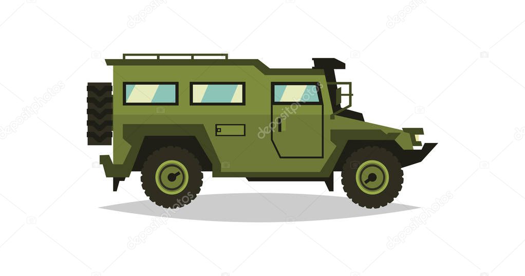 Armored car. The car involved in the fighting. Transportation soldiers. Special military equipment. Diesel. Vector illustration. flat style.