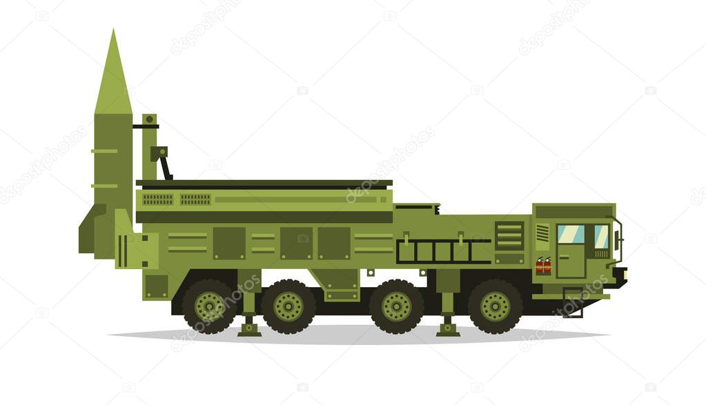 Anti-aircraft missile system. Rockets and shells. Big truck. Special military equipment. Air Attack. All Terrain Vehicle, heavy vehicles. Vector illustration.