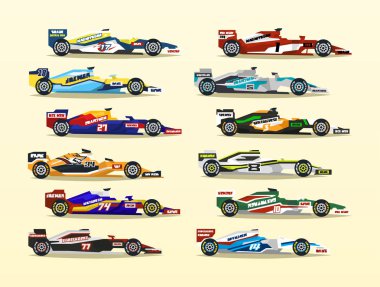 Set of racing bolid. A collection of sports cars. Quick transport. Powerful engine. Aerodynamic body. Stickers, labels. Side view, isolated on background clipart