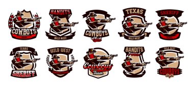 Amblem, logo, iki tabanca çekim kovboy kümesi. Vahşi Batı, bir katil, Texas, bir hırsız, bir Şerif, bir suçlu, bir kalkan. Vektör çizim, T-shirt baskı.