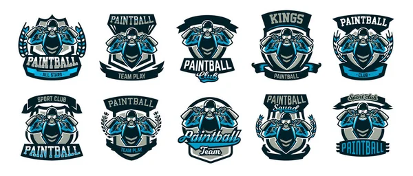 Eine Sammlung Von Logos Emblemen Eine Person Die Paintball Spielt — Stockvektor