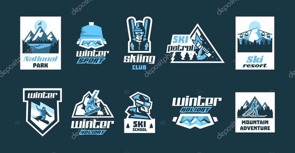 Set of logos on the theme of winter sports. Collection of posters, labels, icons, stamps. Active lifestyle. Snowboarder, skier, equipment, ski goggles. Ski Patrol, winter landscape mountains forest