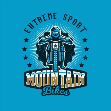 Tasarım baskı bir tişört, bir dağ bisikleti binme bisikletçi almak için. Yokuş aşağı, freeride, aşırı spor. Vektör çizim, grunge etkisi