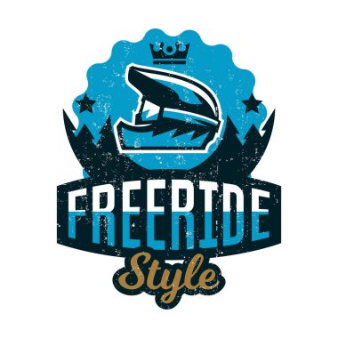 Bir T-shirt, dağ Bisiklet gezileri için kask üzerine basım için tasarım. Yokuş aşağı, freeride, orman, Ekstrem Sporlar. Vektör çizim, grunge etkisi