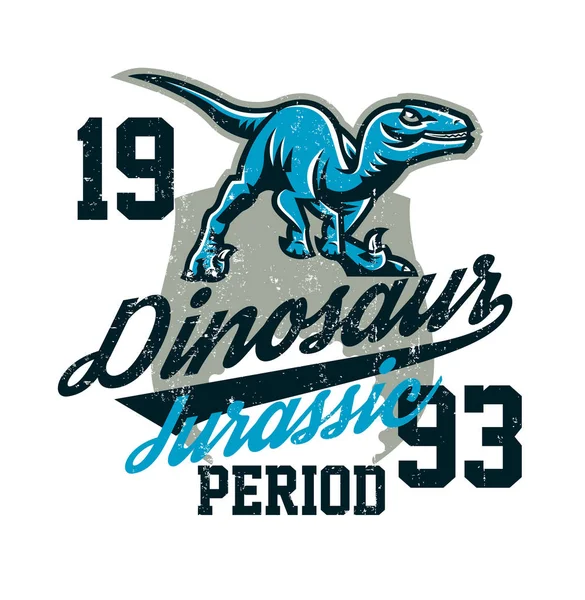 Дизайн для печати на футболке, агрессивный динозавр готов к атаке. Юрский период, античный хищник, спортивный стиль. Векторная иллюстрация, гранж-эффект — стоковый вектор
