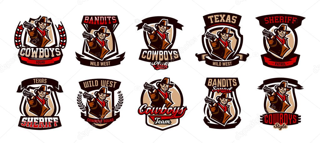 A set of colorful emblems, logos, cowboy with a revolver. Wild West, a bandit, a robber, a sheriff, a gunfight. Vector illustration