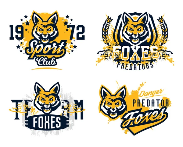 A set of prints on a T-shirt, isolated on a white background, an aggressive American fox, a forest predator. Sports identity, club logo, lettering, text. Vector illustration, grunge effect — Stock Vector