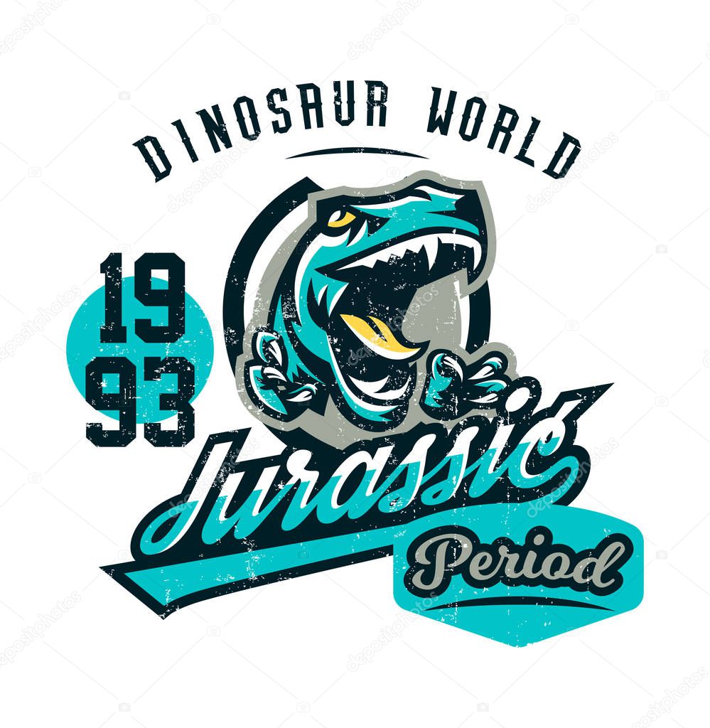 Design for printing on a T-shirt isolated on a white background, dinosaur of the Jurassic period. American, vintage, grunge effect, emblem. Ancient world, the era of dinosaurs. Vector illustration