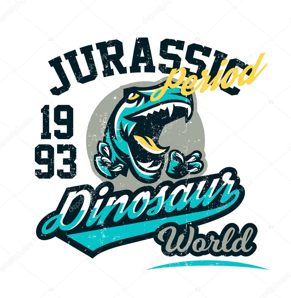Design for printing on a T-shirt isolated on a white background, dinosaur of the Jurassic period. American, vintage, grunge effect, emblem. Ancient world, the era of dinosaurs. Vector illustration
