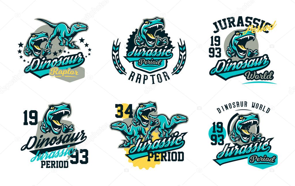 Collection of design for printing on a T-shirt isolated on white background, dinosaur of the Jurassic period. Logo, emblem, sticker, lettering. Ancient world, the era of dinosaurs. Vector illustration