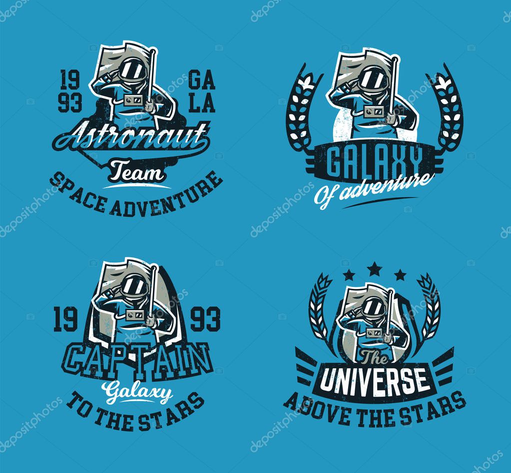 A set of prints on a T-shirt, isolated on a blue background, an astronaut giving honor and holding an American flag. Space, the galaxy, the lettering, the text. Vector illustration, grunge effect