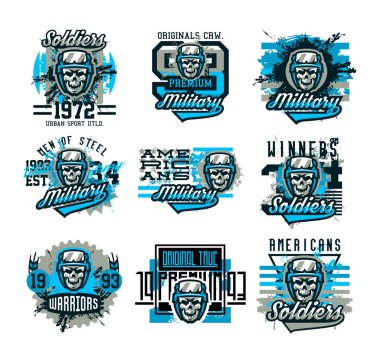 Vektör çizim bir askeri Tema, asker, savaşçı, kafatası kask içinde. Grunge etkisi, metin, yazı. Tipografi, T-shirt grafik, baskı, afiş, poster, afiş