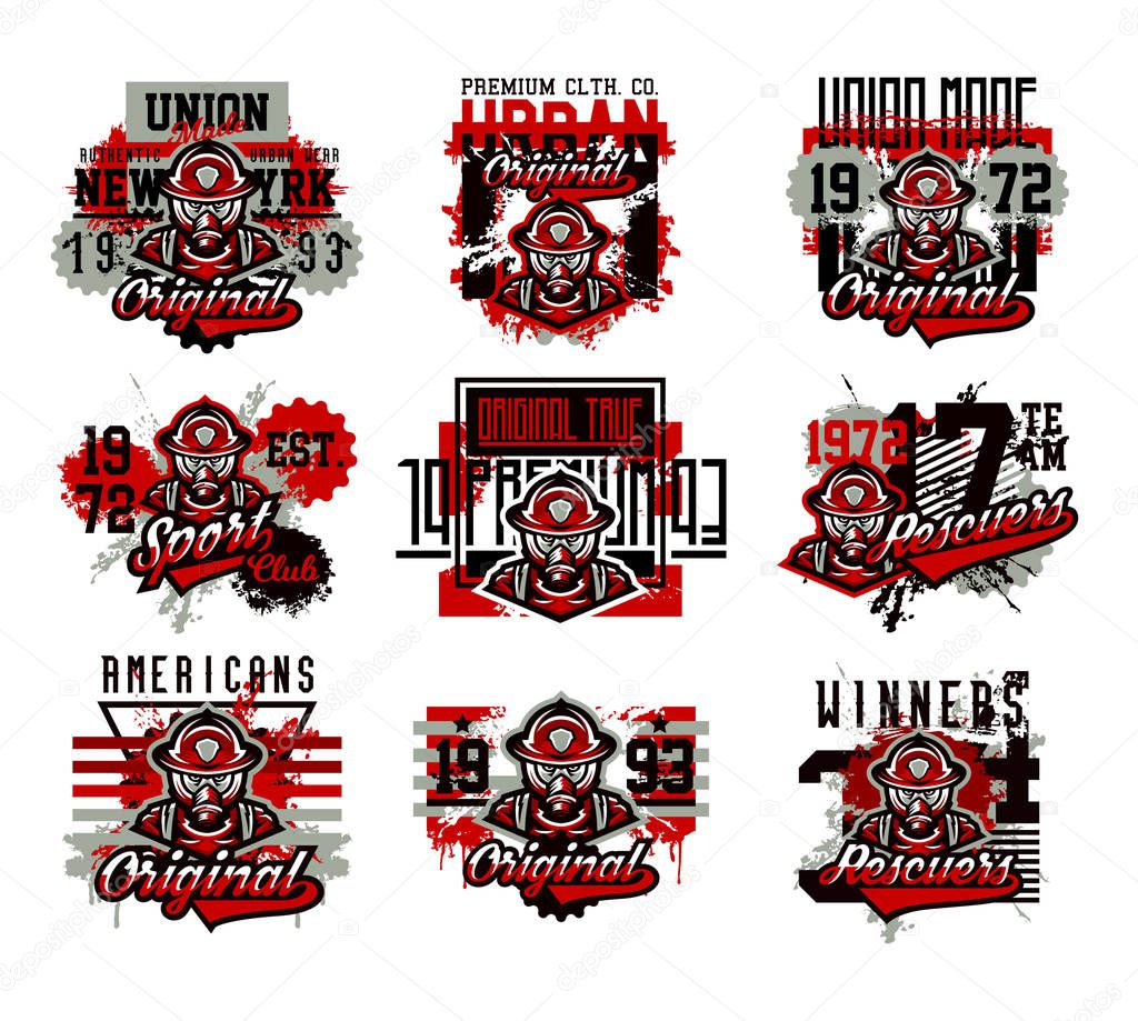 A set of vector illustration on the theme of fire, rescue squad, dangerous work. Grunge effect, text, lettering. Typography, T-shirt graphics, print, banner, poster, flyer.