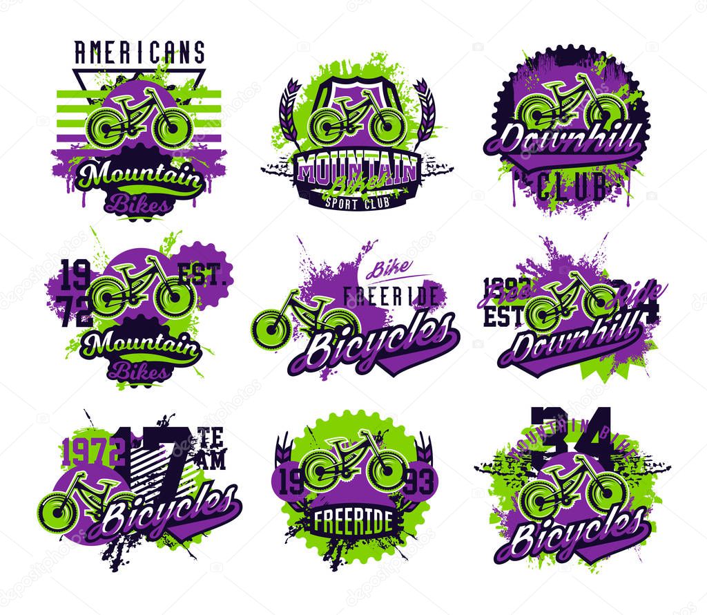 Collection of vector illustration on the theme of mountain biking, extreme sports, downhill, freeride. Grunge effect, text, lettering. Typography, T-shirt graphics, print, banner, poster, flyer.
