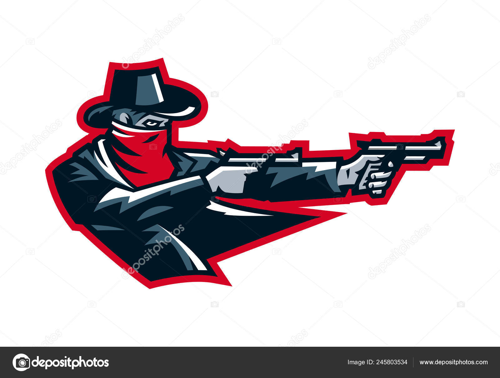Logo cowboy shooting from a revolver. Wild west, bandits, sheriff, crime.  Mascot, sticker, emblem. Sports identity, vector illustration. Stock Vector  by ©Kostymo 245803534, image size:1600x1209