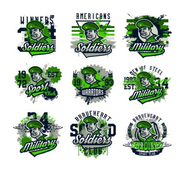 Vektör çizimler askeri bir tema, bir askerin bir bere, ülke savunucusu topluluğu. Grunge etkisi, metin, yazıt. Tipografi, T-shirt grafik, baskı, afiş, poster, afiş