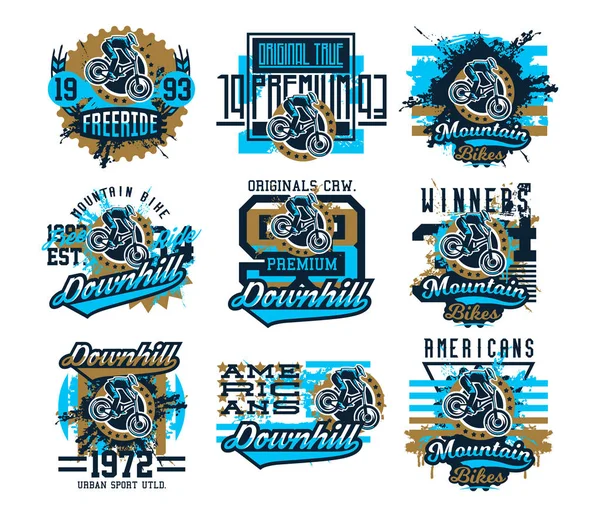 Dağ bisiklet bisikletçi vektör çizim Tema koleksiyonu bir numara bisikletle gerçekleştirir. Grunge etkisi, metin, yazıt. Tipografi, T-shirt grafik, baskı, afiş, poster, afiş