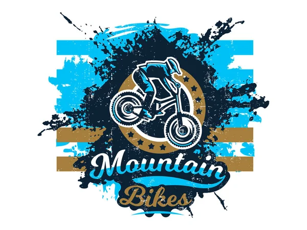 Ilustración vectorial sobre el tema de la bicicleta de montaña, ciclista realizando un truco en una bicicleta, cuesta abajo, freeride. Efecto grunge, texto, inscripción. Tipografía, T-shirt graphics, print, banner, poster — Archivo Imágenes Vectoriales