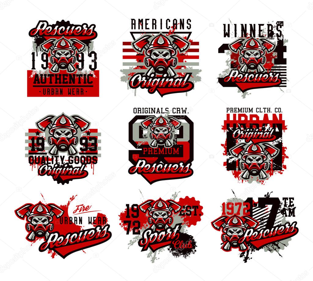 A set of vector illustrations on the theme of rescuers, fire department, a skull in a fireman s helmet, axes. Grunge effect, text, inscription. Typography, T-shirt graphics, print, banner, poster