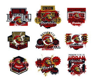 Vektör çizim tema Roma ordusunda bir asker topluluğu. Gladyatör, Romalılar kask başkanı. Grunge etkisi, metin, yazı. Tipografi, T-shirt grafik, yazdırma