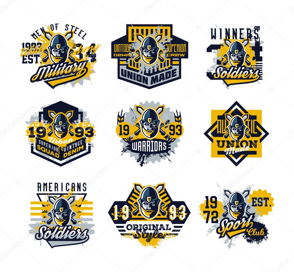 Collection of vector illustration on the theme of the knight, warrior against the backdrop of two swords on the cross. Hero, a barbarian. Grunge effect, typography, T-shirt graphics, print.