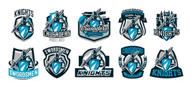 A set of colorful logos, emblems of a knight in iron armor. Knight of the Middle Ages, shield, warrior, swordsman, crusader, defender of the fortress. The mascot of the sports club.Vector illustration clipart