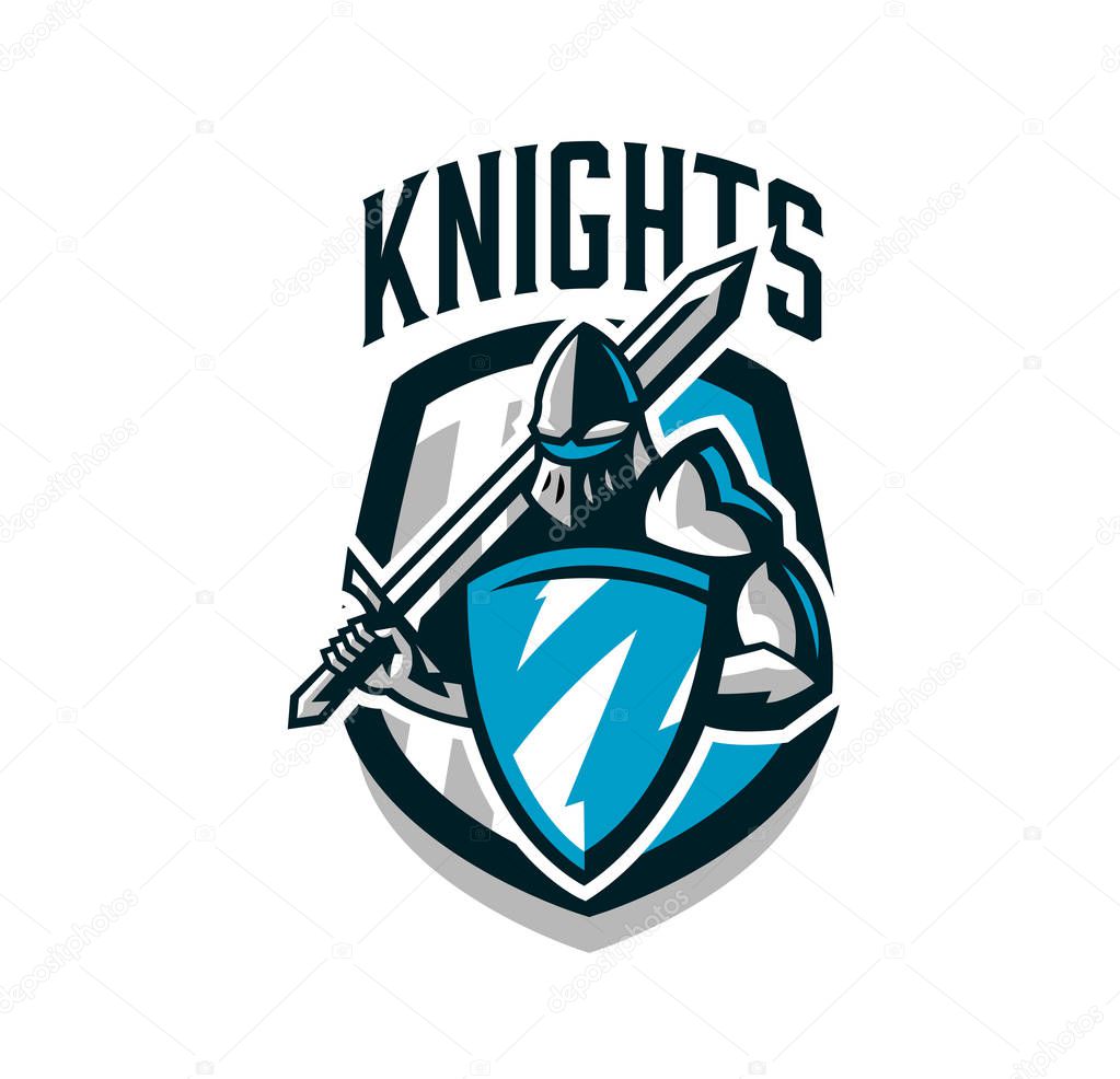 Colorful logo, sticker, emblem of the knight in iron armor. Knight of the Middle Ages, shield, warrior, swordsman, crusader, defender of the fortress.The mascot of the sports club.Vector illustration