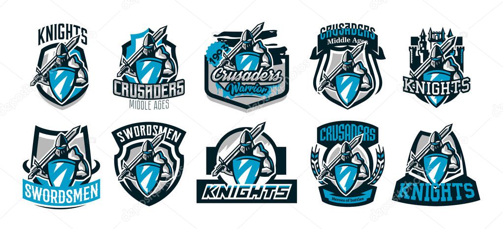 A set of colorful logos, emblems of a knight in iron armor. Knight of the Middle Ages, shield, warrior, swordsman, crusader, defender of the fortress.The mascot of the sports club.Vector illustration