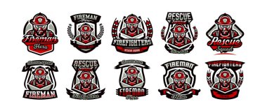 Renkli Logolar, amblemler, çıkartmalar, şeklinde, bir meslek, tehlikeli bir iş, bir gaz maskesi ve kask bir yangında topluluğu. Vektör çizim