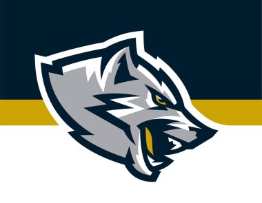 Logo, maskot agresif kurt saldırmaya hazır. Sırıtış predator, tehlikeli canavar. Spor Kulübü, şirket, toplum için kimlik. Vektör çizim