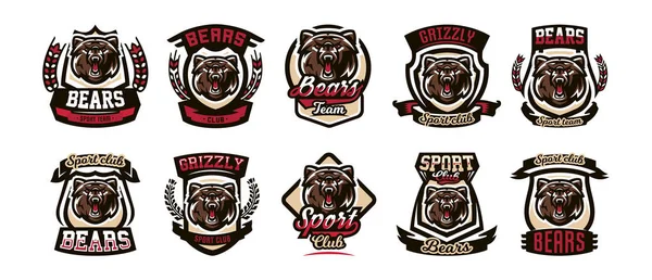 Set von bunten Emblemen, Logos, knurrend und bereit, Bären, Grizzlys, gefährliche Raubtiere, die Bewohner Wald angreifen. Vektor-Illustration, dynamischer und sportlicher Stil, Druck auf T-Shirts — Stockvektor