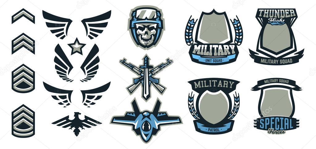 Set of military and military badges. Emblems, automatic weapons, skull, ammunition, eagle, wings, templates. Vector illustration, printing on T-shirts