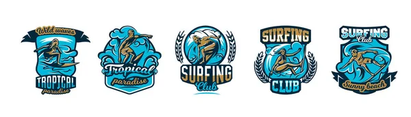 Eine Sammlung von Logos, Surf-Emblemen. Menschen treiben auf dem Brett auf den Wellen, Extremsport. — Stockvektor