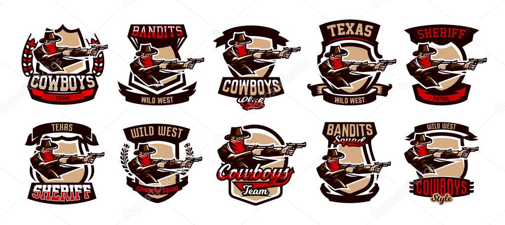 A set of emblems, logos, cowboy shooting from two revolvers. Wild west, a thug, Texas, a robber, a sheriff, a criminal, a shield. Vector illustration, printing on T-shirts.