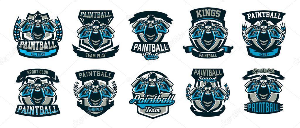 A collection of logos, emblems, a person playing paintball holds two guns. Team game, ammunition, shooting range, war. Vector illustration.