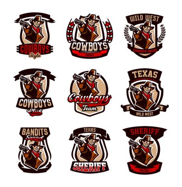Renkli amblem, logo, kovboy bir tabanca ile bir dizi. Vahşi Batı, bir haydut, bir hırsız, bir Şerif, bir silahlı çatışma. Vektör çizim.