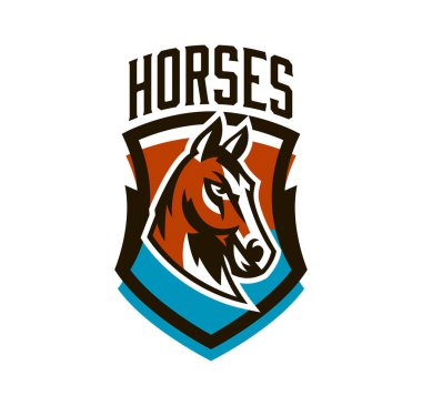 Renkli logo, etiket, at amblem. Güzel aygır, at yarışı, hızlı hayvan, maskot spor kulübü. Kalkan, yazı, vektör çizim