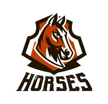 Renkli logo, etiket, at amblem. Güzel aygır, at yarışı, hızlı hayvan, maskot spor kulübü. Kalkan, yazı, vektör çizim