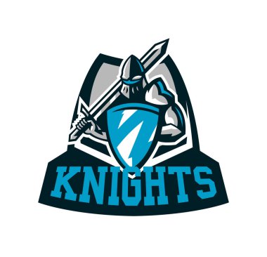 Renkli logo, şövalye s amblemi demir zırh. Bir savaşçı ortaçağ bir şövalye tutan bir kalkan ve bir kılıç, bir kılıç ustası, savaşçı, defender, yazı. Vektör çizim