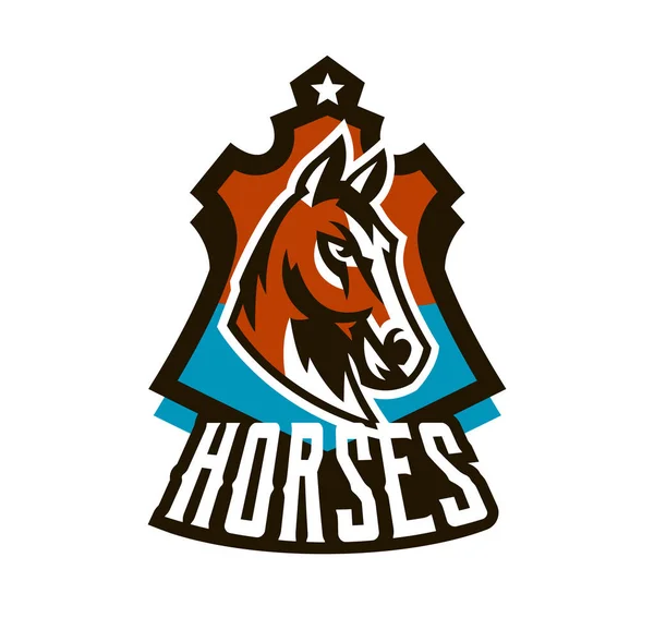 Colorful logo, sticker, horse emblem. Beautiful stallion, horse racing, fast animal, mascot of the sports club. Shield, lettering, vector illustration — Stock Vector