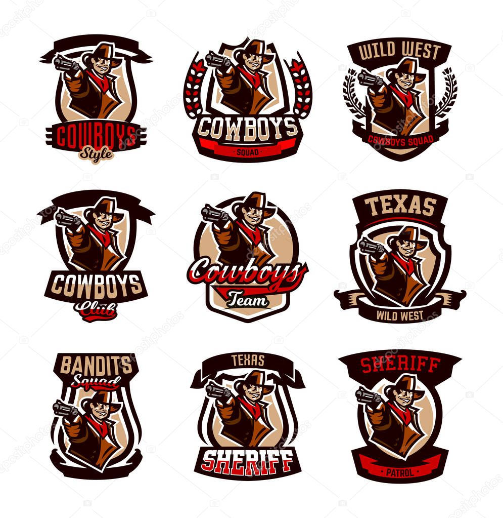 A set of colorful emblems, logos, cowboy with a revolver. Wild West, a bandit, a robber, a sheriff, a gunfight. Vector illustration